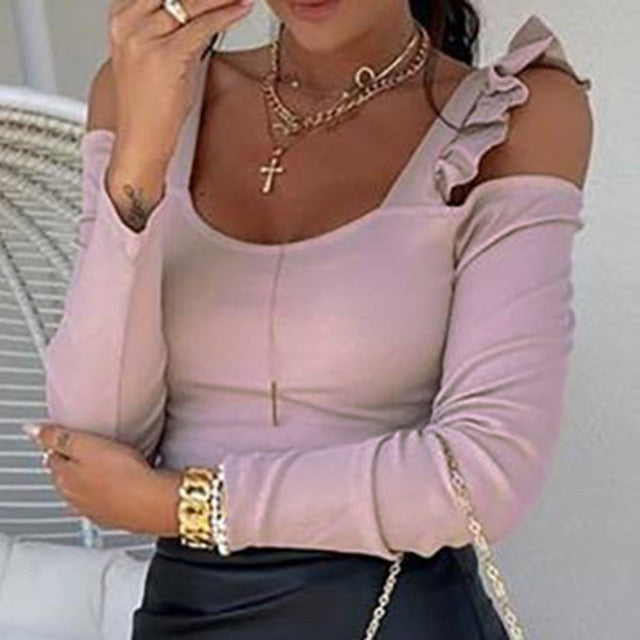 Fashion Autumn Butterfly Long Sleeve Shirt Blouse Elegant O Neck Slim Rib Pullover Tops Winter Casual Women Ruffle Shirts Blusa