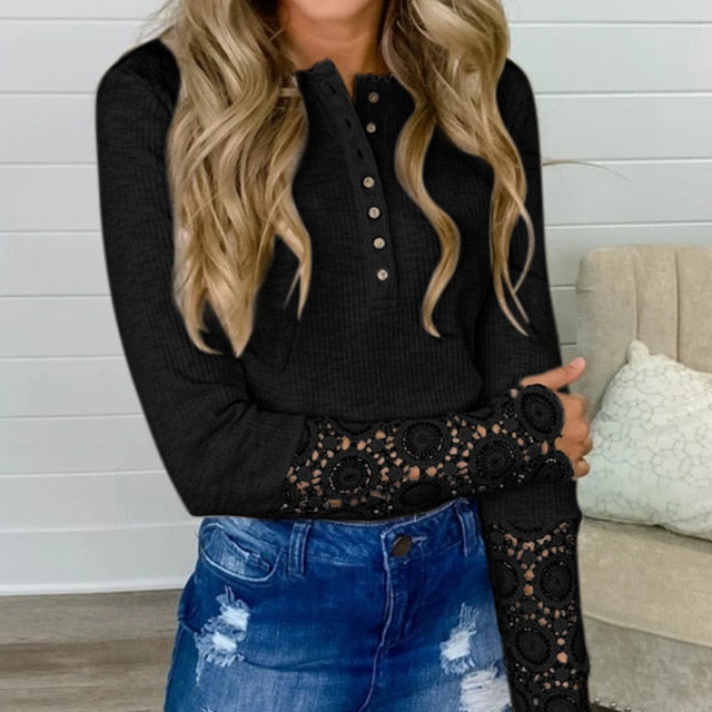 Autumn Sexy V Neck Button Shirts Blouse 2020 Fashion Lace Long Sleeve Pullovers Tops Casual Female Solid Shirt Blusas Streetwear