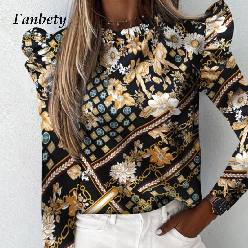 Autumn Elegant Lily Print Ruffle Ladies Blouse Long Sleeve O Neck Women Slim Pullover Tops Streetwear Plus Size Soft Shirt Blusa