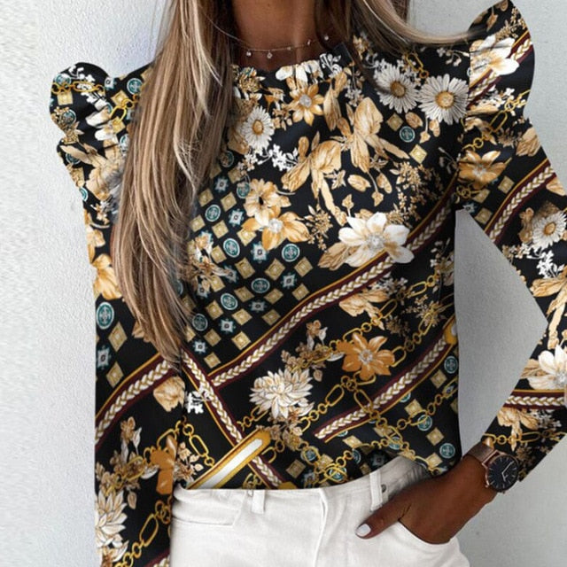 Autumn Elegant Lily Print Ruffle Ladies Blouse Long Sleeve O Neck Women Slim Pullover Tops Streetwear Plus Size Soft Shirt Blusa