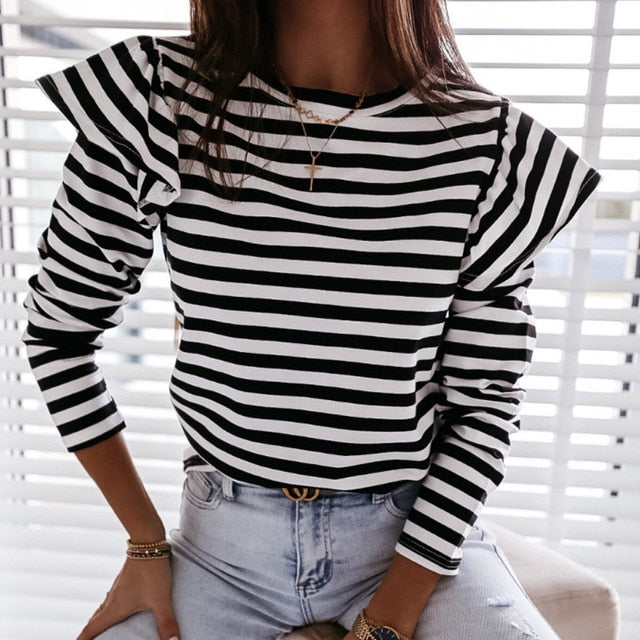 Autumn Elegant Lily Print Ruffle Ladies Blouse Long Sleeve O Neck Women Slim Pullover Tops Streetwear Plus Size Soft Shirt Blusa