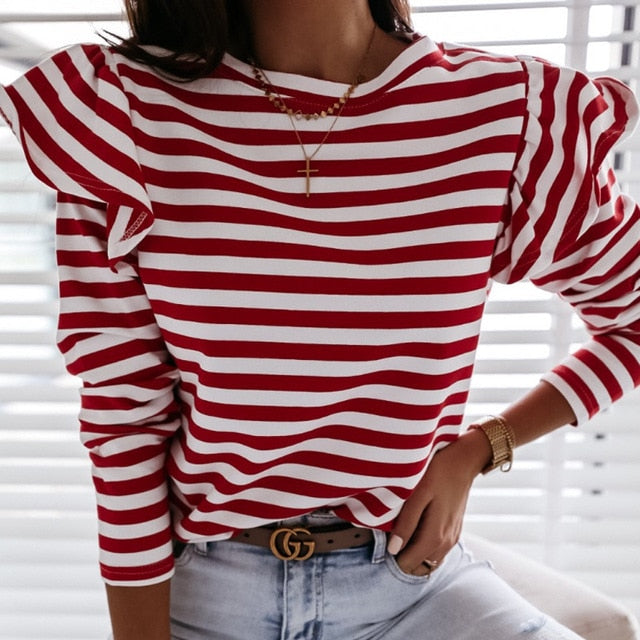 Autumn Elegant Lily Print Ruffle Ladies Blouse Long Sleeve O Neck Women Slim Pullover Tops Streetwear Plus Size Soft Shirt Blusa