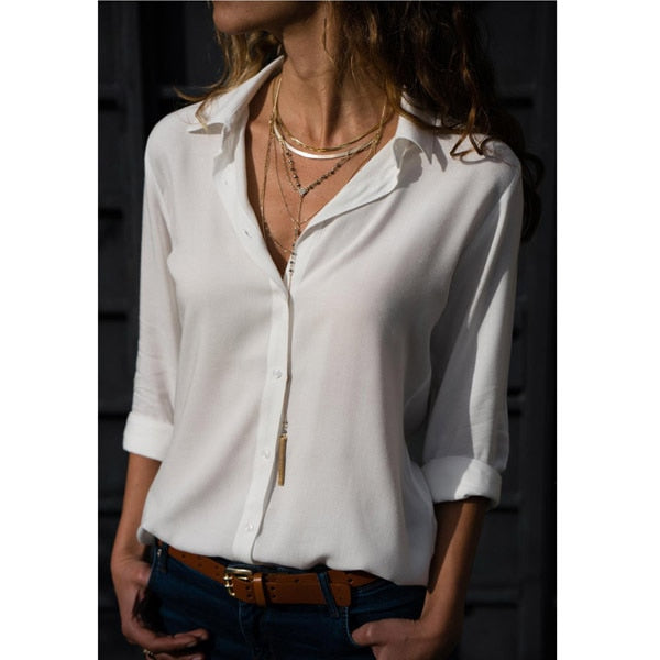 Women's Casual Loose Autumn Shirt Blouse Basic V Neck Blouse 2020 Long Sleeve Buttons White Shirt Female Tops Clothing Plus Size