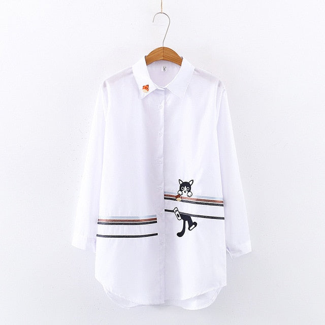 2020 NEW White Shirt Casual Wear Button Up Turn Down Collar Long Sleeve Cotton Blouse Embroidery Feminina HOT Sale T8D427M