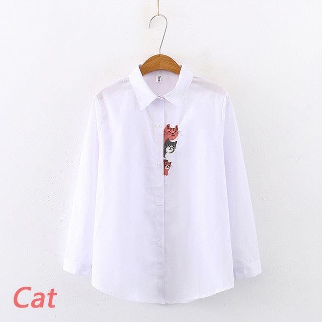 2020 NEW White Shirt Casual Wear Button Up Turn Down Collar Long Sleeve Cotton Blouse Embroidery Feminina HOT Sale T8D427M