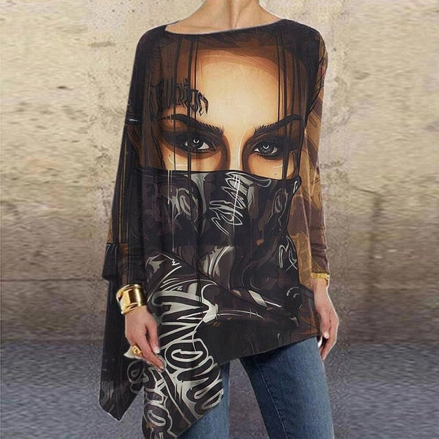 Vintage Abstract Face Printed Irregular Shirt Women O Neck Long Sleeve Autumn Blouse Casual Loose Oversize Pullover Harajuku Top