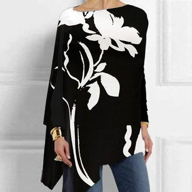 Vintage Abstract Face Printed Irregular Shirt Women O Neck Long Sleeve Autumn Blouse Casual Loose Oversize Pullover Harajuku Top