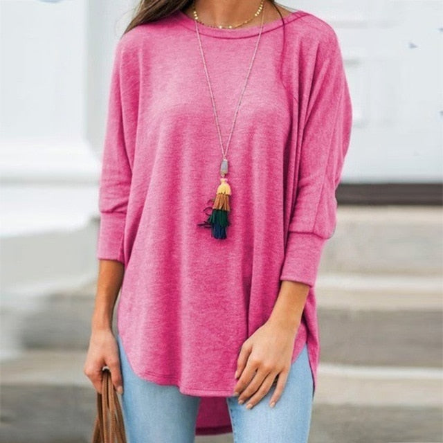 Solid Black Shirt Woman Casual Cotton O Neck Women's Tops And Blouses  Three Quarter Sleeve Irregular Women Blouses Tunic Autumn