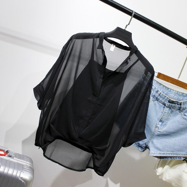 Ladies 2020 Two Piece Set Leopard Chiffon Shirts Summer Half Sleeve Loose V-Neck Women Casual Blouse Sexy Plus Size Striped Tops