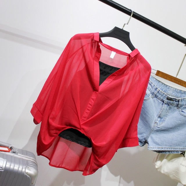 Ladies 2020 Two Piece Set Leopard Chiffon Shirts Summer Half Sleeve Loose V-Neck Women Casual Blouse Sexy Plus Size Striped Tops