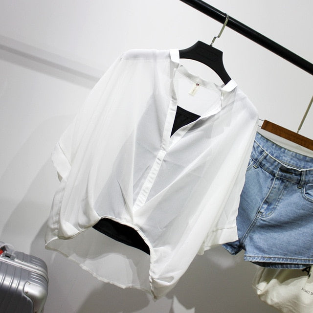 Ladies 2020 Two Piece Set Leopard Chiffon Shirts Summer Half Sleeve Loose V-Neck Women Casual Blouse Sexy Plus Size Striped Tops