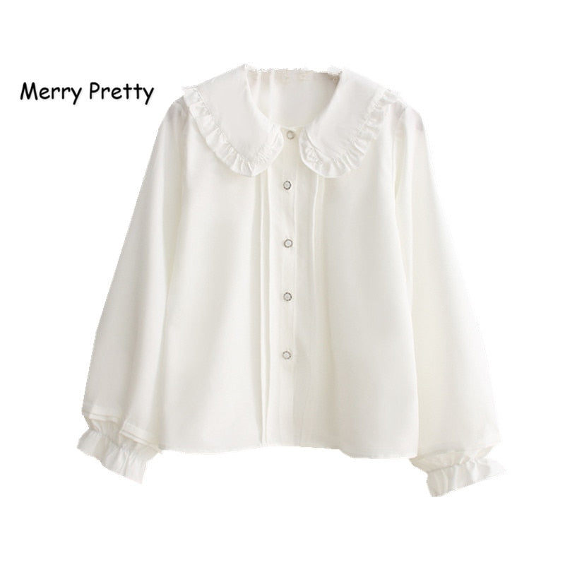 Merry Pretty white blouse women long sleeve cotton womens tops and blouses sweet Peter pan collar girl blusas mujer de moda 2020