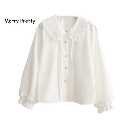 Merry Pretty white blouse women long sleeve cotton womens tops and blouses sweet Peter pan collar girl blusas mujer de moda 2020