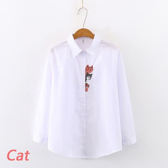 2020 New Women Embroidery Long Sleeve White Shirt Button Up Turn Down Collar Cute Cartoon Blouse Long Tops Feminina Blusas T9D62