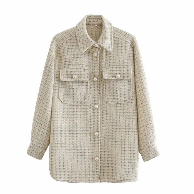 Tweed Women Pearl Button Shirts 2020 Autumn Fashion Ladies Oversize Thick Shirt Streetwear Female Outfits Cute Girls Chic Shirts