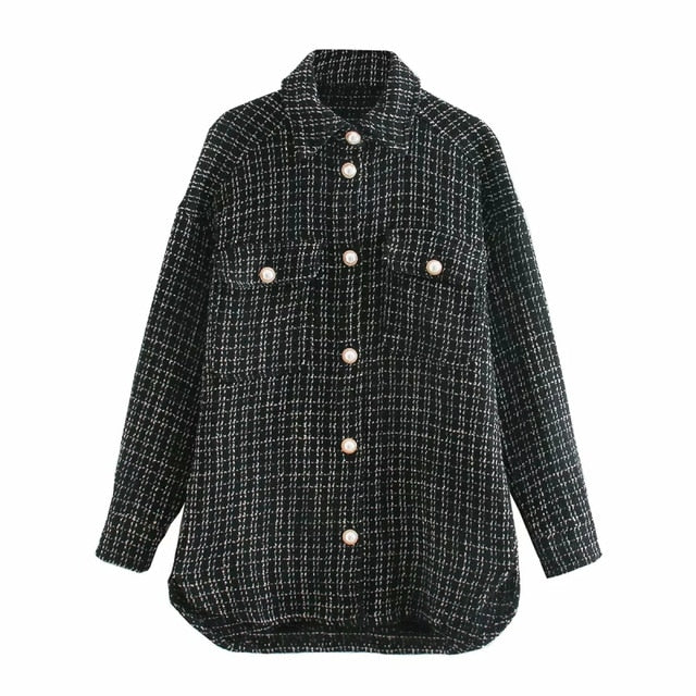 Tweed Women Pearl Button Shirts 2020 Autumn Fashion Ladies Oversize Thick Shirt Streetwear Female Outfits Cute Girls Chic Shirts