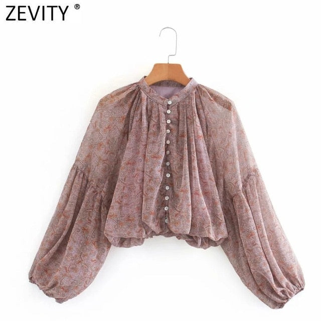 Zevity Women o neck cashew nut print casual chiffon smock blouse ladies pleats lantern sleeve shirt femininas blusas tops LS7213