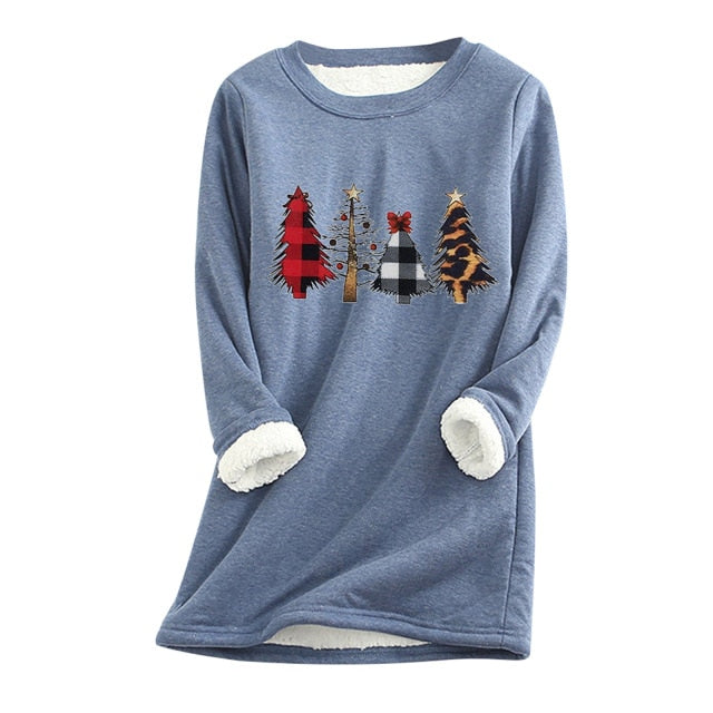 Women Fleece Sweatshirt Christmas Print gray Autumn And Winter Velvet Warm O-neck Top Female Casual Warm blouse