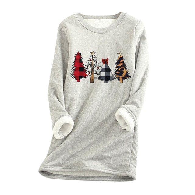 Women Fleece Sweatshirt Christmas Print gray Autumn And Winter Velvet Warm O-neck Top Female Casual Warm blouse