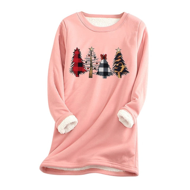 Women Fleece Sweatshirt Christmas Print gray Autumn And Winter Velvet Warm O-neck Top Female Casual Warm blouse