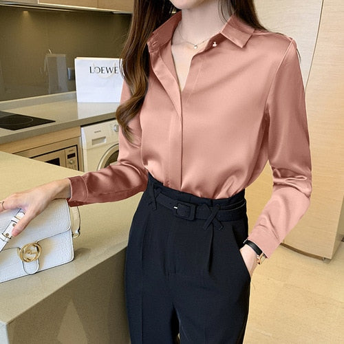 Silk Shirts Women White Shirt Women Long Sleeve Shirt Blouse Office Lady Satin Silk Blouse Tops Plus Size Woman Basic Shirt Top