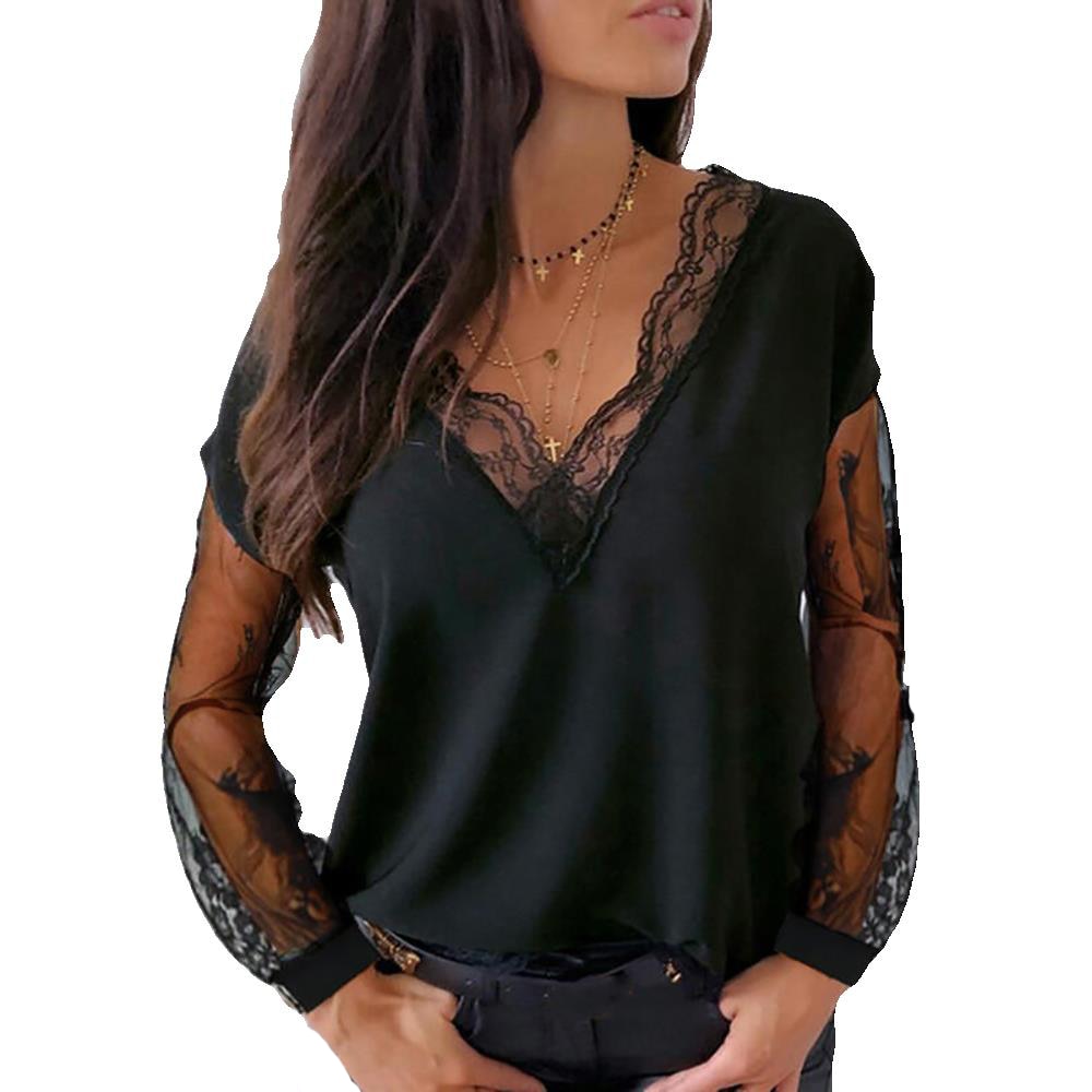 European and American women's lace stitching V-neck long-sleeved shirt