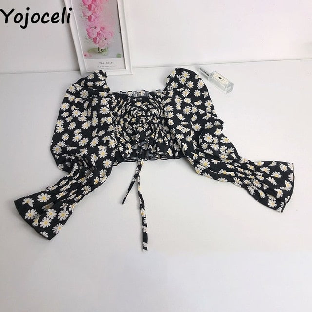Yojoceli boho beach print blouses shirt women long sleeve ruffle short blouse tops female blusas