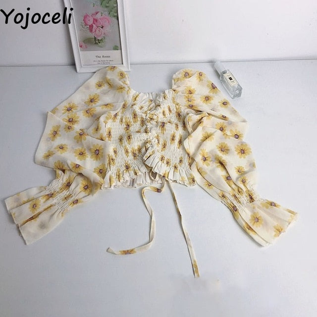 Yojoceli boho beach print blouses shirt women long sleeve ruffle short blouse tops female blusas