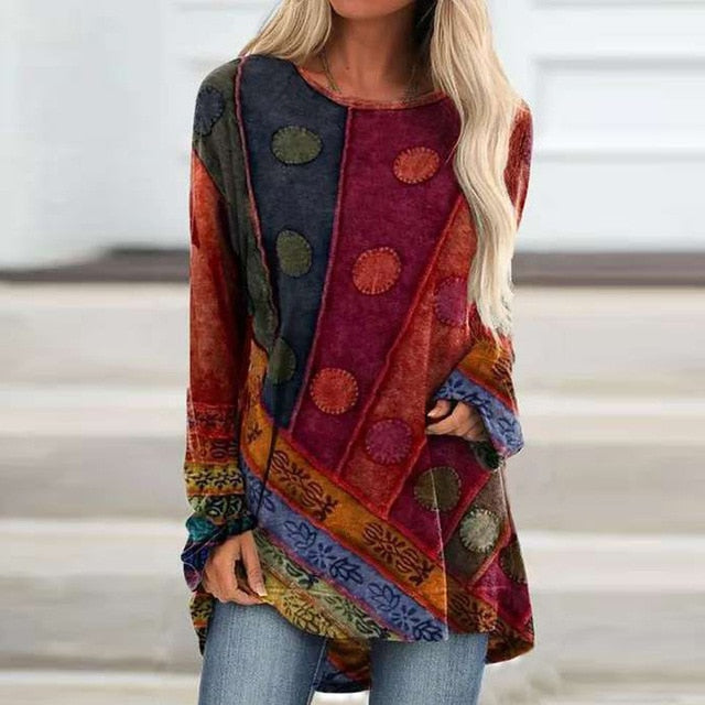 Vintage Abstract Face Printed V Neck Blouse Shirt Women Autumn Long Sleeve Irregular Tops Pullover Casual Loose Harajuku Blouses