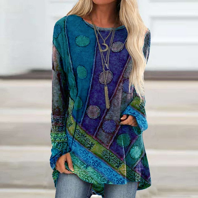 Vintage Abstract Face Printed V Neck Blouse Shirt Women Autumn Long Sleeve Irregular Tops Pullover Casual Loose Harajuku Blouses