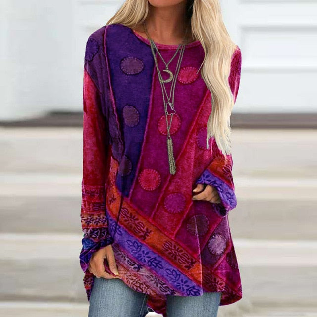 Vintage Abstract Face Printed V Neck Blouse Shirt Women Autumn Long Sleeve Irregular Tops Pullover Casual Loose Harajuku Blouses