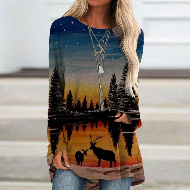 Vintage Abstract Face Printed V Neck Blouse Shirt Women Autumn Long Sleeve Irregular Tops Pullover Casual Loose Harajuku Blouses