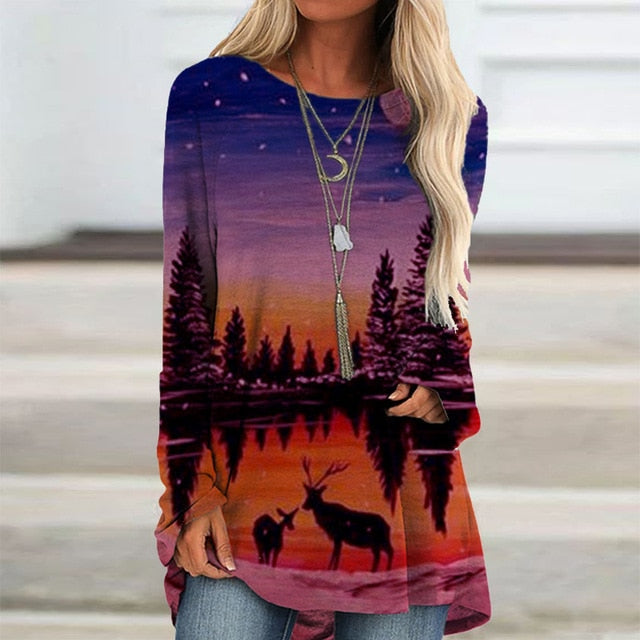 Vintage Abstract Face Printed V Neck Blouse Shirt Women Autumn Long Sleeve Irregular Tops Pullover Casual Loose Harajuku Blouses