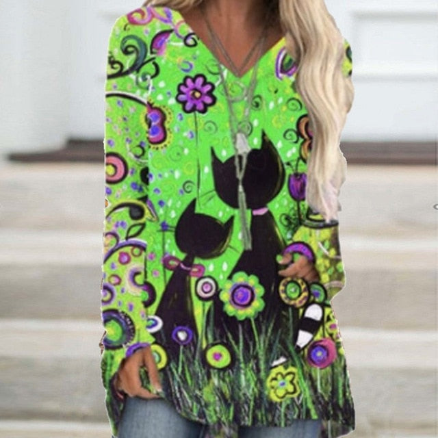 Vintage Abstract Face Printed V Neck Blouse Shirt Women Autumn Long Sleeve Irregular Tops Pullover Casual Loose Harajuku Blouses