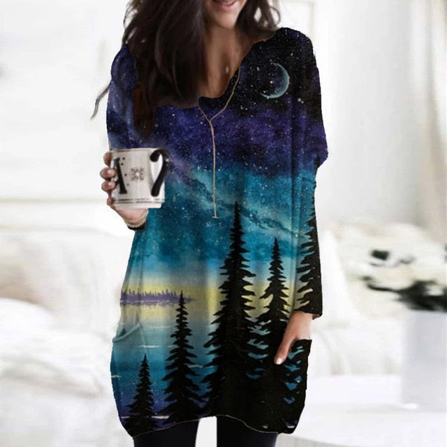 Vintage Abstract Printed Long Sleeve Shirt Women Elegant V Neck Loose Long Tops Blouse Autumn Pockets Irregular Oversized Shirts