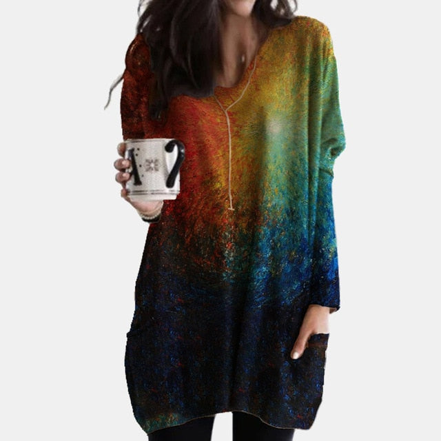 Vintage Abstract Printed Long Sleeve Shirt Women Elegant V Neck Loose Long Tops Blouse Autumn Pockets Irregular Oversized Shirts