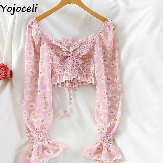 Yojoceli boho beach print blouses shirt women long sleeve ruffle short blouse tops female blusas