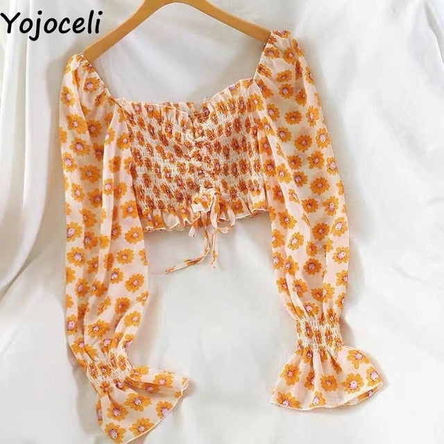 Yojoceli boho beach print blouses shirt women long sleeve ruffle short blouse tops female blusas