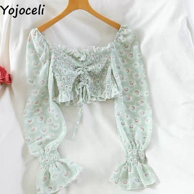Yojoceli boho beach print blouses shirt women long sleeve ruffle short blouse tops female blusas