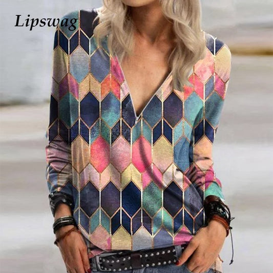 2020 Casual Women V Neck Zipper Blouse Shirt Elegant Daisy Print Female Tops Spring Autumn Long Sleeve Loose Blusa Pullover 5XL