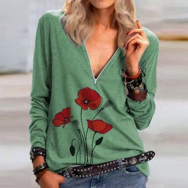 2020 Casual Women V Neck Zipper Blouse Shirt Elegant Daisy Print Female Tops Spring Autumn Long Sleeve Loose Blusa Pullover 5XL