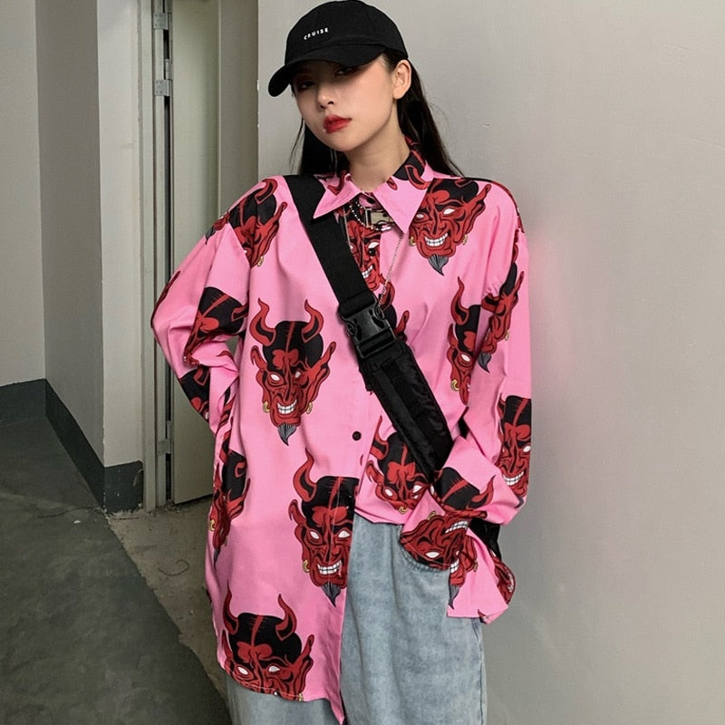Harajuku Shirt blusas Female ulzzang full sleeve women blouse spring autumn loose gothic Devil print blouses Korean womens tops
