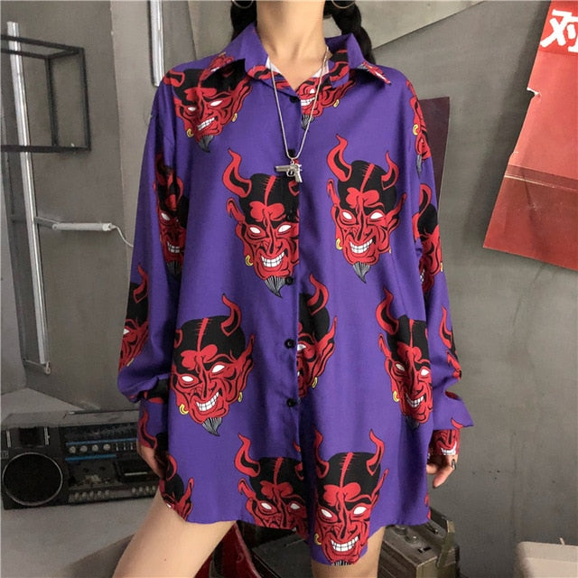 Harajuku Shirt blusas Female ulzzang full sleeve women blouse spring autumn loose gothic Devil print blouses Korean womens tops