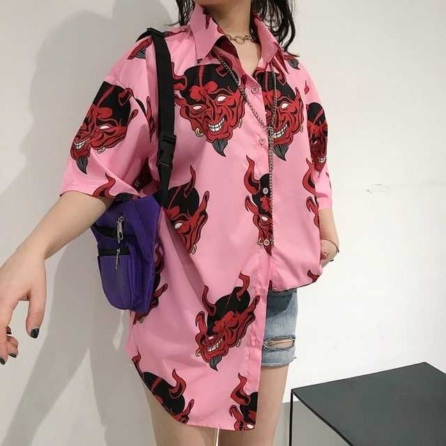 Harajuku Shirt blusas Female ulzzang full sleeve women blouse spring autumn loose gothic Devil print blouses Korean womens tops