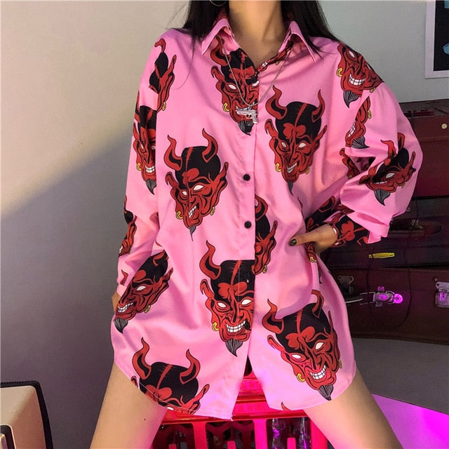 Harajuku Shirt blusas Female ulzzang full sleeve women blouse spring autumn loose gothic Devil print blouses Korean womens tops