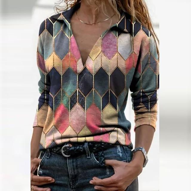 Women Landscape Pattern Print Blouse Shirt Elegant Autumn Turn-Down Collar Pullover Tops Casual Loose Plus Size Streetwear Blusa