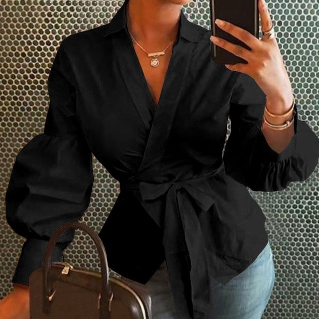 8 Colors Celmia Women Tops and Blouse 5XL Sexy V-neck Point Dot Elegant OL Shirt Casual Loose Belted Lantern Sleeve Tunic Blusas