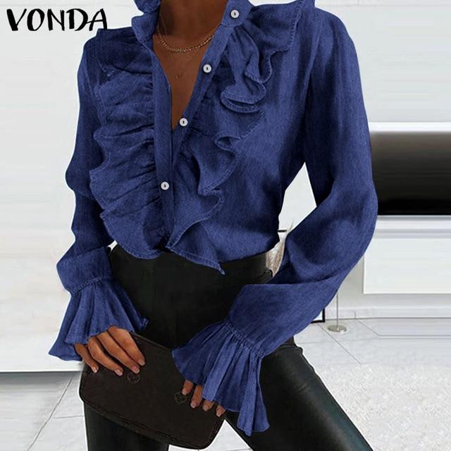 Women Autumn Blouse Demin Office Ladies Tops 2020 VONDA Casual Long Sleeve Lapel Neck Party Shirts Plus Size Women Tunic S-5XL