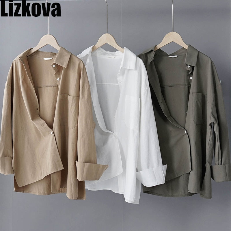 Lizkova 100% Cotton White Blouse Women Japenese Oversized Shirt 2020 Lapel Long Sleeve Ladies Casual Tops 8887