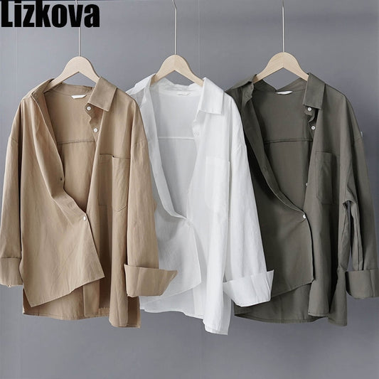 Lizkova 100% Cotton White Blouse Women Japenese Oversized Shirt 2020 Lapel Long Sleeve Ladies Casual Tops 8887